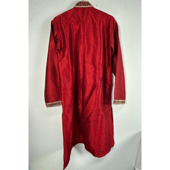 Vintage Satellite Mens Red Embellished Long Kurta Size 14 Long Sleeve Pockets - Picture 2 of 14